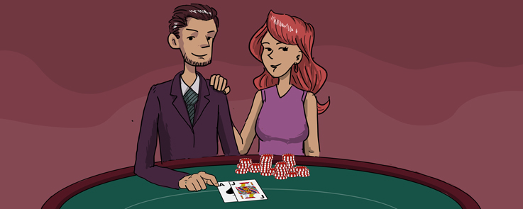 Mand og kvinde sidder i nærheden af ​​en blackjack bordet med casino chips